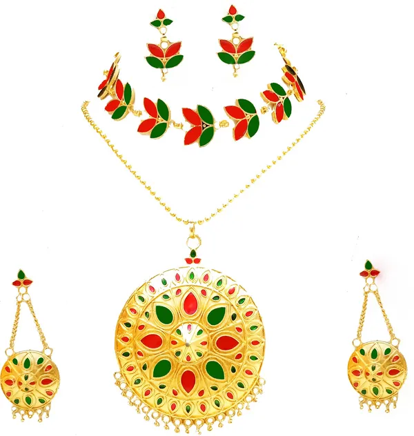 Assamese_Traditional_Gold_Plated_Red_Green_Color_Japi_And_Golpota_Combo_Jewellery_Set_For_Women_&_Girls